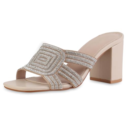 VAN HILL Damen Pantoletten Blockabsatz Strass Klassisch Schuhe 216739 Beige 36 von VAN HILL