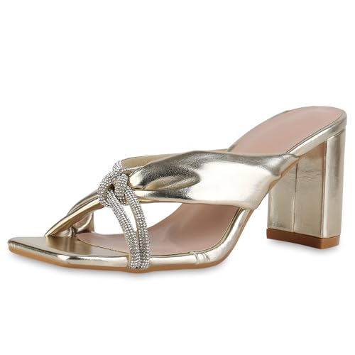 VAN HILL Damen Pantoletten Blockabsatz Strass Party Schuhe 214215 Gold 41 VAN HILL Damen Pantoletten Blockabsatz Strass Party Schuhe 214215 Gold 41 von VAN HILL