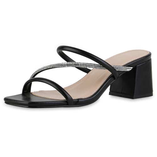 VAN HILL Damen Pantoletten Blockabsatz Strass Trendy Schuhe 216703 Schwarz 40 von VAN HILL