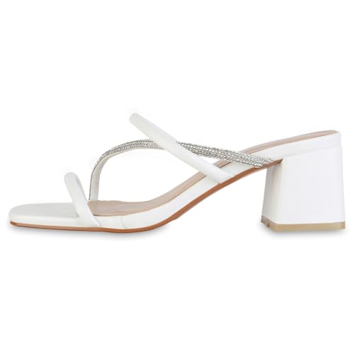VAN HILL Damen Pantoletten Blockabsatz Strass Trendy Schuhe 216704 Weiss 38 von VAN HILL