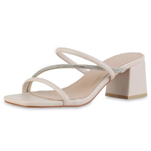 VAN HILL Damen Pantoletten Blockabsatz Strass Trendy Schuhe 216705 Beige 37 von VAN HILL