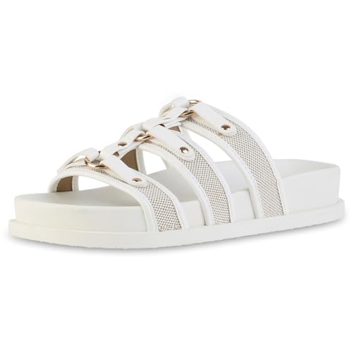 VAN HILL Damen Pantoletten Flach Basic Bequem Schuhe 216930 Weiss 36 von VAN HILL