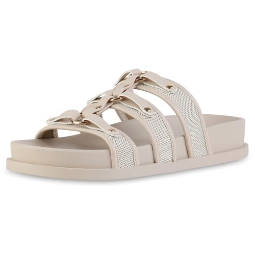 VAN HILL Damen Pantoletten Flach Basic Bequem Schuhe 216932 Beige 40 von VAN HILL