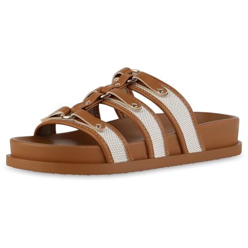 VAN HILL Damen Pantoletten Flach Basic Bequem Schuhe 216934 Hellbraun 39 von VAN HILL