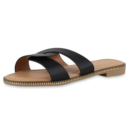 VAN HILL Damen Pantoletten Flach Basic Trendy Schuhe 215857 Schwarz 36 von VAN HILL