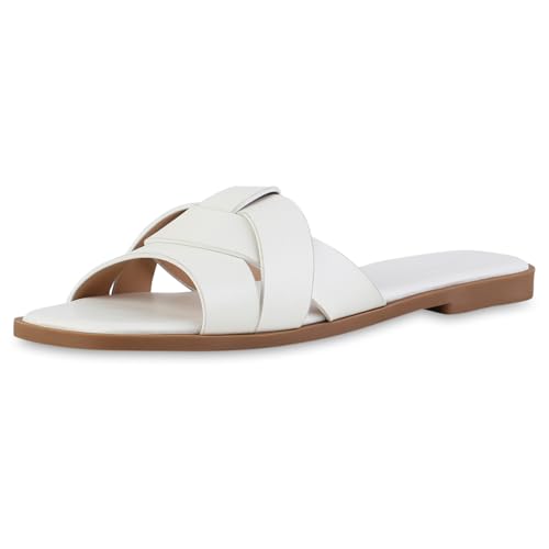 VAN HILL Damen Pantoletten Flach Basic Trendy Schuhe 217420 Weiss 40 von VAN HILL