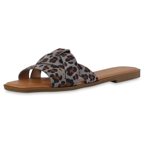 VAN HILL Damen Pantoletten Flach Basic Trendy Schuhe 217421 Grau Leopard 40 von VAN HILL