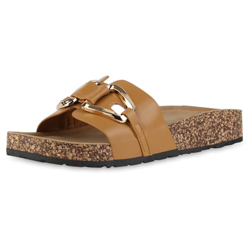 VAN HILL Damen Pantoletten Flach Korkoptik Bequem Schuhe 216766 Hellbraun 37 von VAN HILL