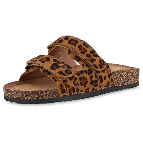 VAN HILL Damen Pantoletten Flach Korkoptik Bequem Schuhe 217163 Leopard 38 von VAN HILL