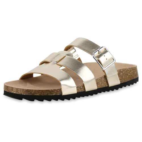 VAN HILL Damen Pantoletten Flach Metallic Bequem Schuhe 217497 Gold 38 von VAN HILL