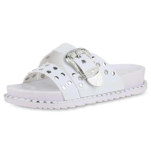 VAN HILL Damen Pantoletten Flach Nieten Trendy Schuhe 214628 Weiss 38 von VAN HILL