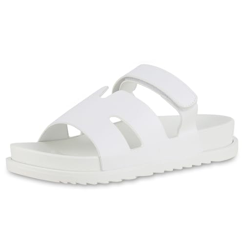 VAN HILL Damen Pantoletten Flach Profilsohle Bequem Schuhe 214706 Weiss 39 von VAN HILL