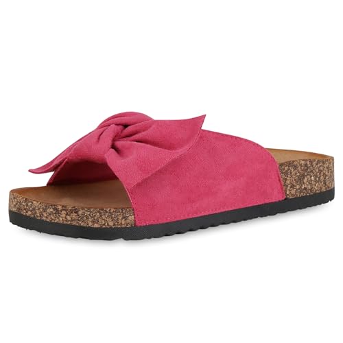 VAN HILL Damen Pantoletten Flach Schleifen Bequem Schuhe 215507 Fuchsia 36 von VAN HILL