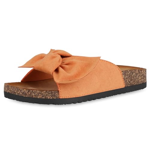 VAN HILL Damen Pantoletten Flach Schleifen Bequem Schuhe 215508 Orange 39 von VAN HILL