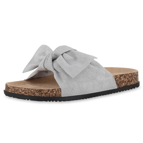 VAN HILL Damen Pantoletten Flach Schleifen Bequem Schuhe 215907 Grau 42 von VAN HILL