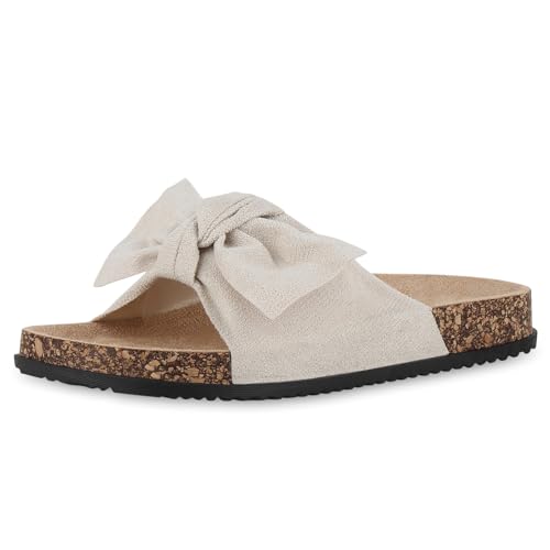 VAN HILL Damen Pantoletten Flach Schleifen Bequem Schuhe 215908 Beige 38 von VAN HILL