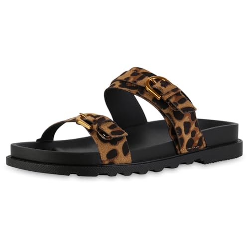 VAN HILL Damen Pantoletten Flach Schnallen Bequem Schuhe 216936 Leopard 40 von VAN HILL
