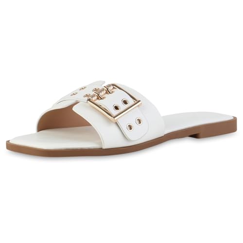 VAN HILL Damen Pantoletten Flach Schnallen Trendy Schuhe 217411 Weiss 37 von VAN HILL
