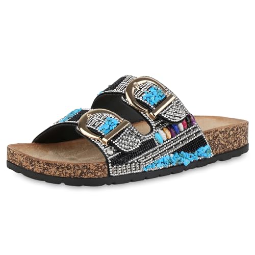 VAN HILL Damen Pantoletten Flach Strass Bequem Schuhe 214446 Schwarz 37 von VAN HILL