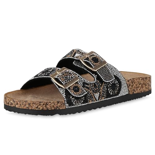 VAN HILL Damen Pantoletten Flach Strass Bequem Schuhe 215060 Schwarz 37 von VAN HILL