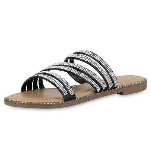 VAN HILL Damen Pantoletten Flach Strass Trendy Schuhe 214463 Schwarz 38 von VAN HILL