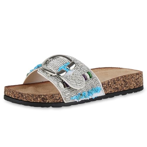 VAN HILL Damen Pantoletten Flach Strass Trendy Schuhe 214589 Weiss 39 von VAN HILL