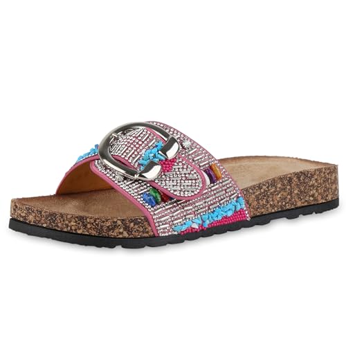 VAN HILL Damen Pantoletten Flach Strass Trendy Schuhe 214590 Fuchsia 37 von VAN HILL