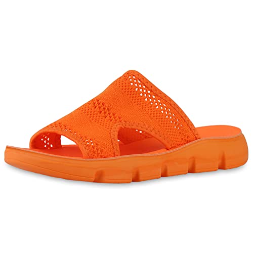 VAN HILL Damen Pantoletten Flach Strick Bequem Schuhe 840455 212805 Neon Orange 36 von VAN HILL