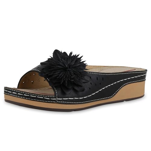 VAN HILL Damen Pantoletten Keilabsatz Blumen Bequem Schuhe 214790 Schwarz 36 von VAN HILL