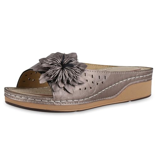 VAN HILL Damen Pantoletten Keilabsatz Blumen Bequem Schuhe 214793 Grau Metallic 37 von VAN HILL
