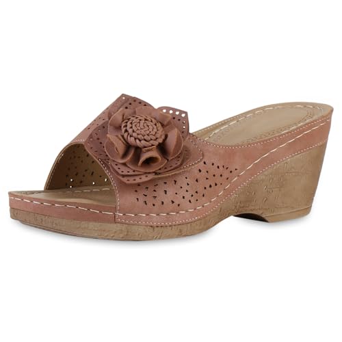 VAN HILL Damen Pantoletten Keilabsatz Blumen Bequem Schuhe 217022 Altrosa 37 von VAN HILL
