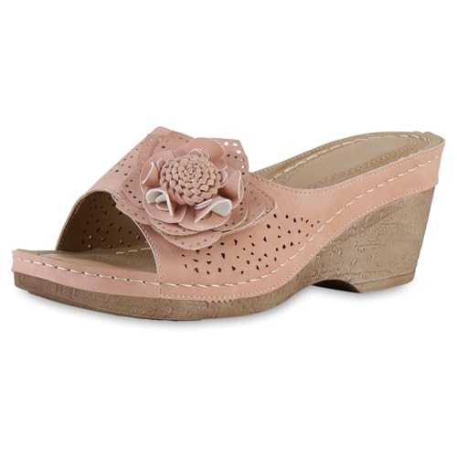 VAN HILL Damen Pantoletten Keilabsatz Blumen Bequem Schuhe 217023 Rosa 38 von VAN HILL
