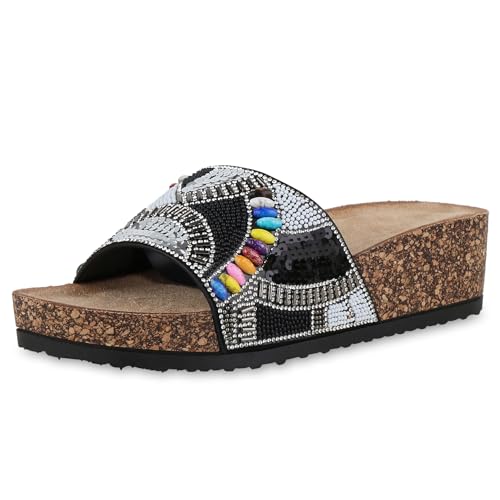 VAN HILL Damen Pantoletten Keilabsatz Strass Trendy Schuhe 214613 Schwarz 38 von VAN HILL