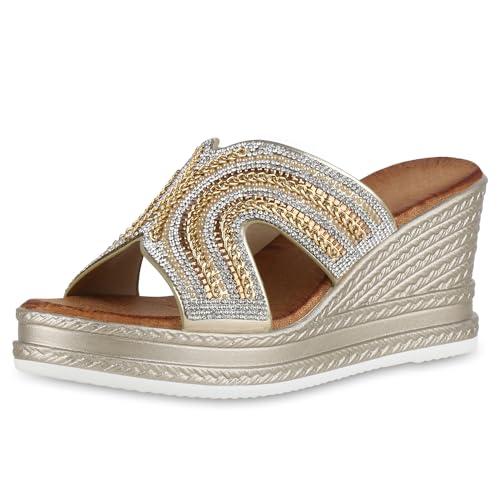 VAN HILL Damen Pantoletten Keilabsatz Strass Trendy Schuhe 214634 Gold 39 von VAN HILL