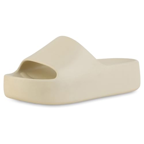 VAN HILL Damen Pantoletten Plateau Basic Trendy Schuhe 215109 Beige 39 von VAN HILL