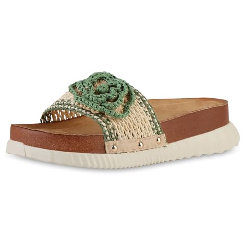 VAN HILL Damen Pantoletten Plateau Bast Trendy Schuhe 217484 Grün 39 von VAN HILL