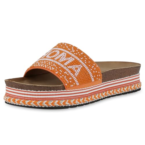 VAN HILL Damen Pantoletten Plateau Prints Trendy Schuhe 215056 Orange 38 von VAN HILL