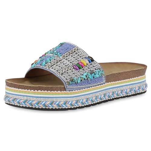 VAN HILL Damen Pantoletten Plateau Strass Trendy Schuhe 214462 Hellblau Zierperlen 37 von VAN HILL