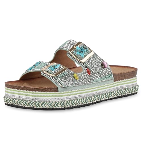 VAN HILL Damen Pantoletten Plateau Strass Trendy Schuhe 215074 Hellgrün Strass 38 von VAN HILL