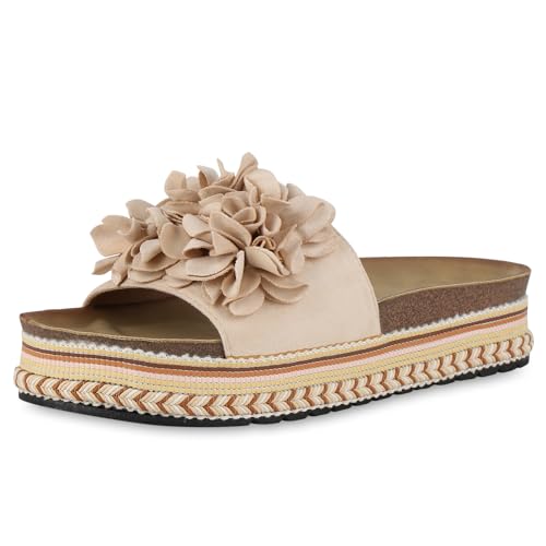 VAN HILL Damen Pantoletten Plateau Volants Trendy Schuhe 214424 Beige Volants 36 von VAN HILL