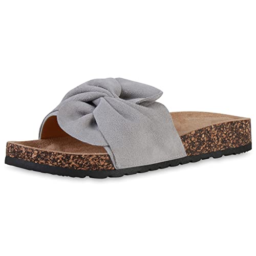 VAN HILL Damen Pantoletten Sandalen Flache Kunstleder Schuhe Korkoptik Hausschuhe Bequeme Slippers Profilsohle Schlappen 204736 Hellgrau 37 von VAN HILL