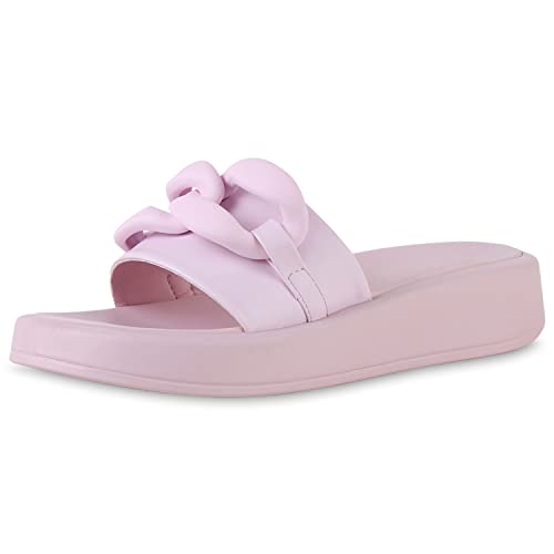 VAN HILL Damen Pantoletten Sandaletten Plateau Schuhe Ketten Schlappen Leder-Optik Sommerschuhe Freizeit Sommersandaletten 206617 Rosa 39 von VAN HILL