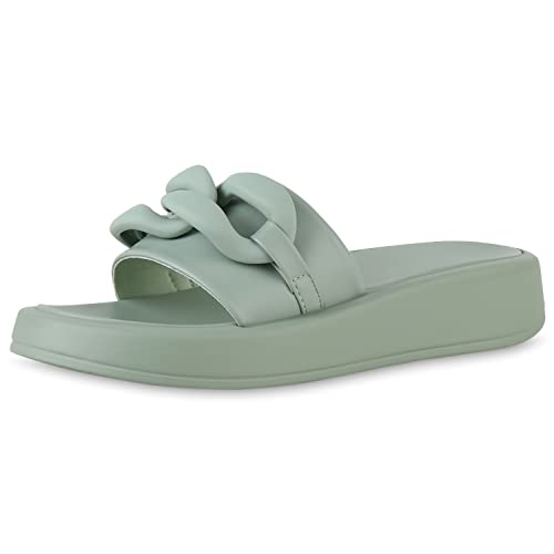 VAN HILL Damen Pantoletten Sandaletten Plateau Schuhe Ketten Schlappen Leder-Optik Sommerschuhe Freizeit Sommersandaletten 206619 Hellgrün 38 von VAN HILL