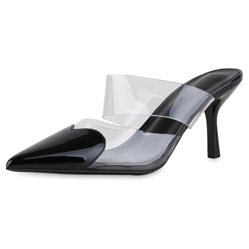 VAN HILL Damen Pantoletten Stiletto Transparent Party Schuhe 216663 Schwarz Lack 40 von VAN HILL