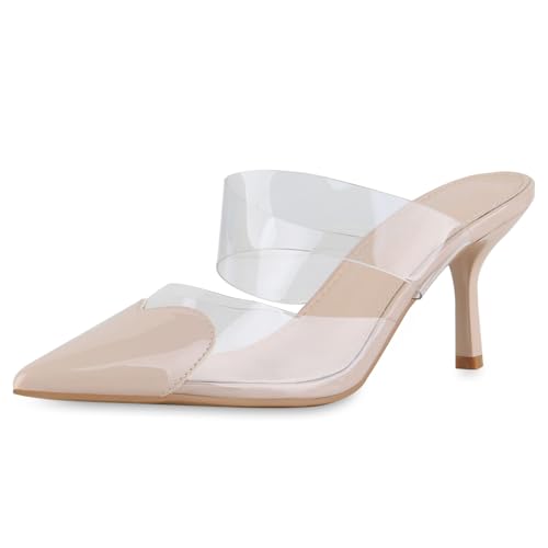 VAN HILL Damen Pantoletten Stiletto Transparent Party Schuhe 216665 Beige Lack 39 von VAN HILL