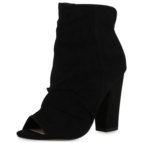 VAN HILL Damen Peeptoes Blockabsatz Basic Trendy Schuhe 213678 Schwarz 38 von VAN HILL