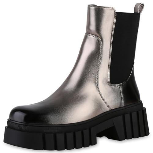 VAN HILL Damen Plateau Boots Blockabsatz Plateau Vorne Trendy Schuhe 213862 Grau Metallic 36 von VAN HILL