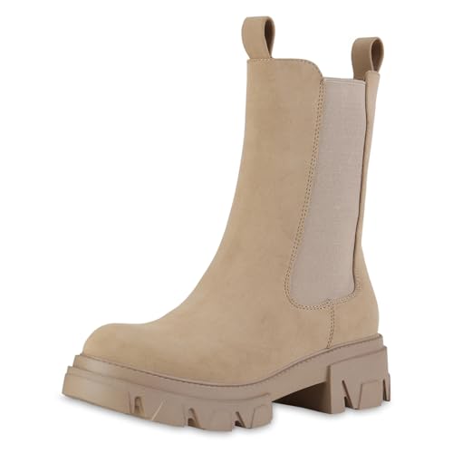 VAN HILL Damen Plateau Boots Blockabsatz Profilsohle Trendy Schuhe 216063 Khaki 37 von VAN HILL