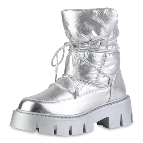 VAN HILL Damen Plateau Boots Blockabsatz Profilsohle Trendy Schuhe 216429 Silber 37 von VAN HILL