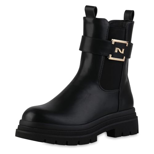 VAN HILL Damen Plateau Boots Blockabsatz Schnallen Trendy Schuhe 217745 Schwarz 39 von VAN HILL